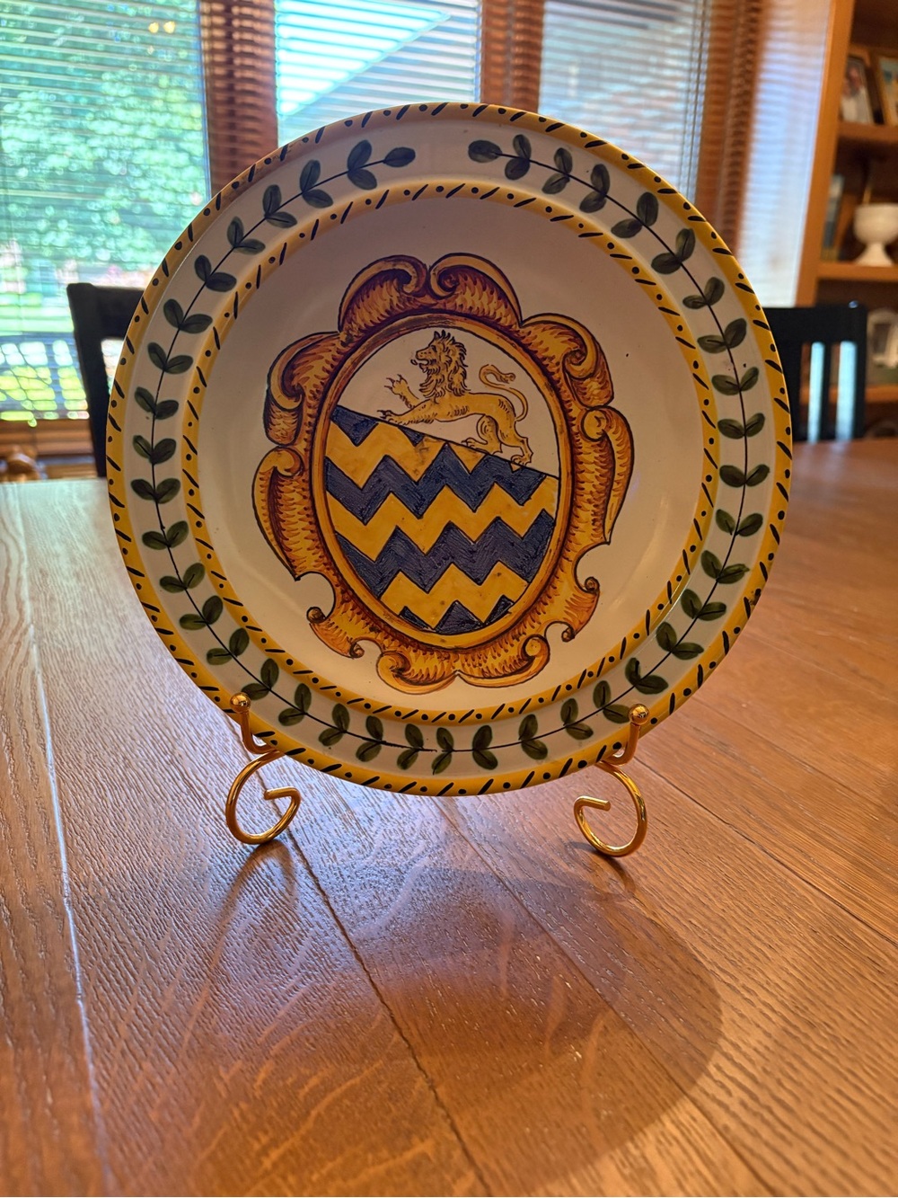 Vintage Hand-Painted Ceramic Plate with Lion Crest Signed, includes Plate Stand